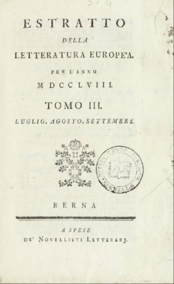 Estratto della letteratura europea : per l'anno (1758). Tomi 3-4